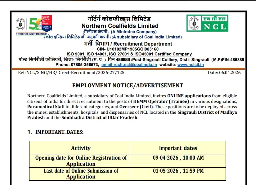 Northern Coalfields Limited Recruitment 2026 Notification