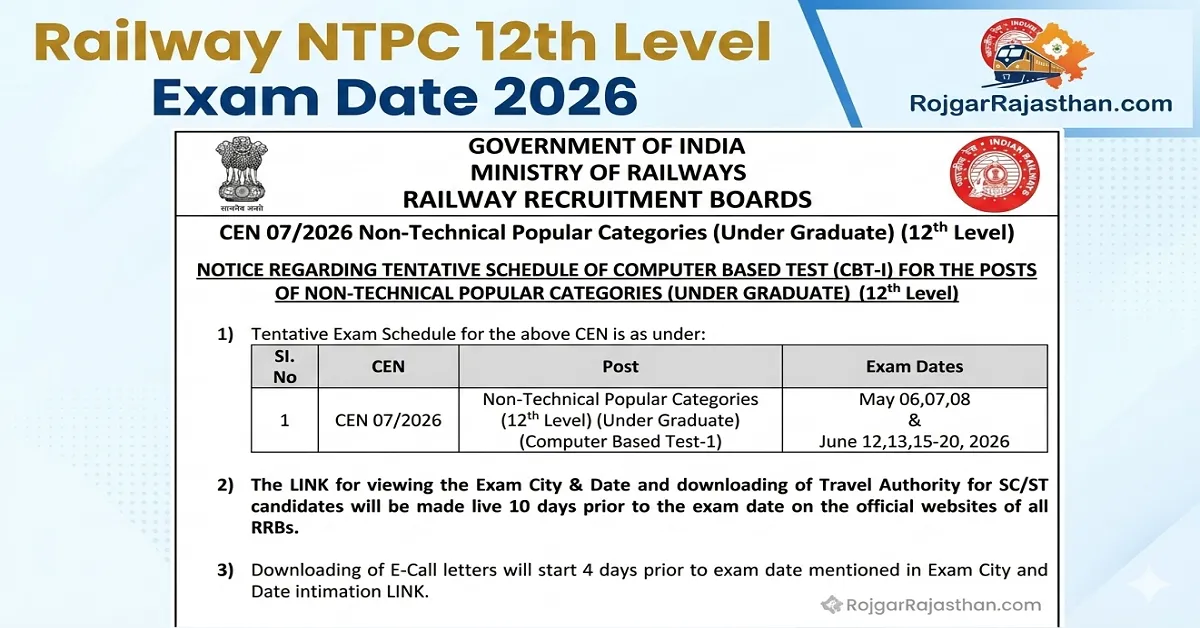 Railway NTPC 12th Level Exam Date 2026