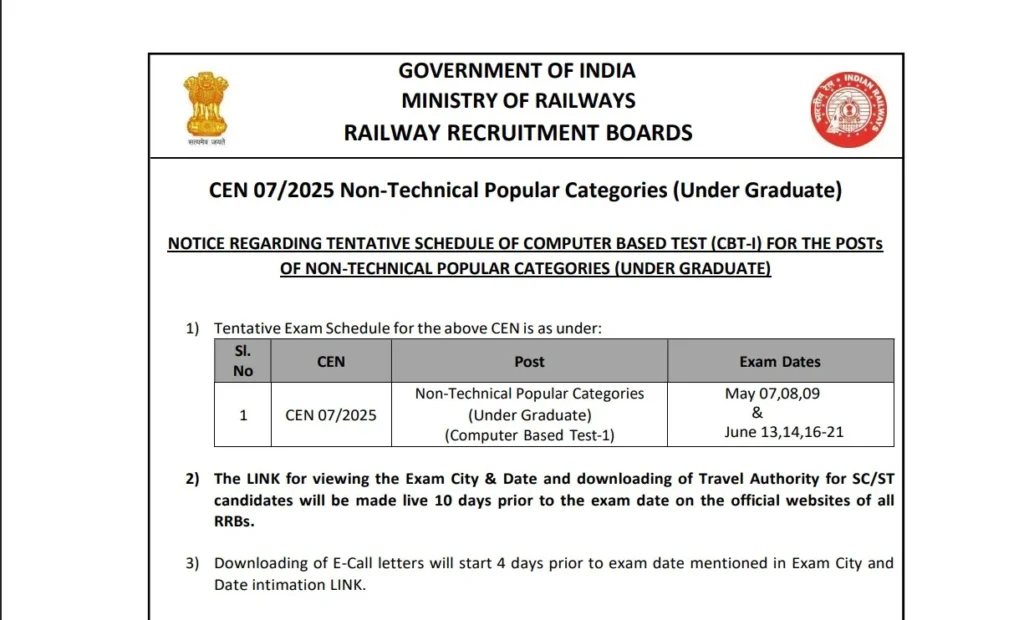 RRB NTPC Undergraduate Level Exam Date 2026 Notification 