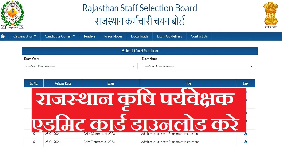 Rajasthan Agriculture Supervisor Admit Card 2026 pdf Download