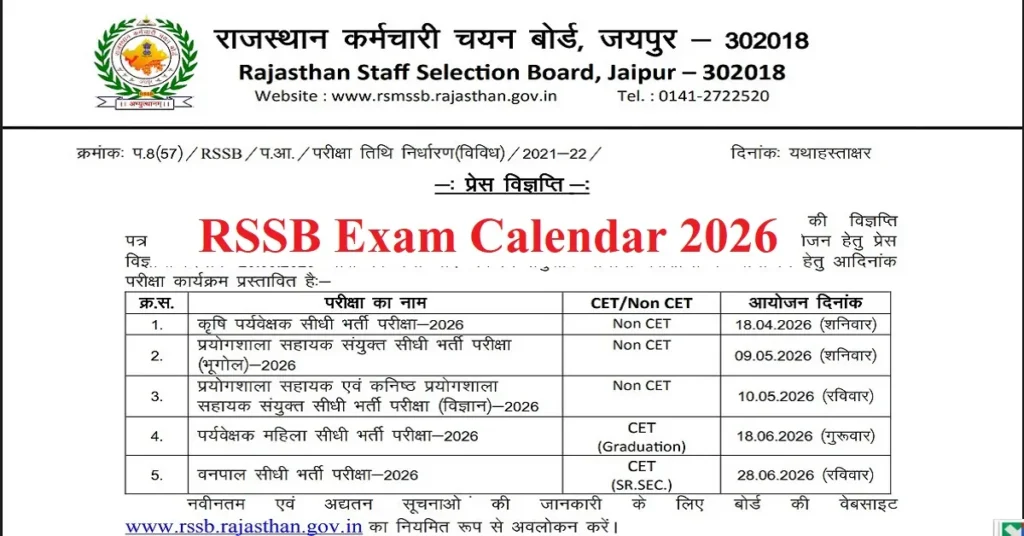 RSSB Exam Calendar 2026 pdf Download