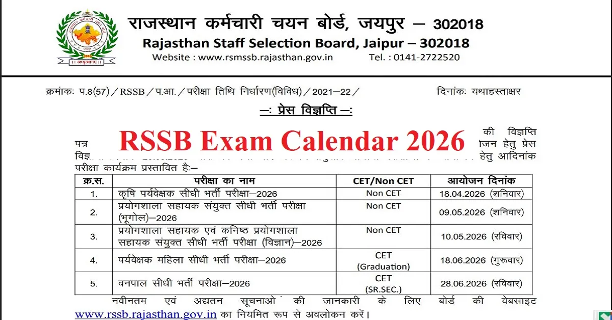 RSSB Exam Calendar 2026 pdf Download