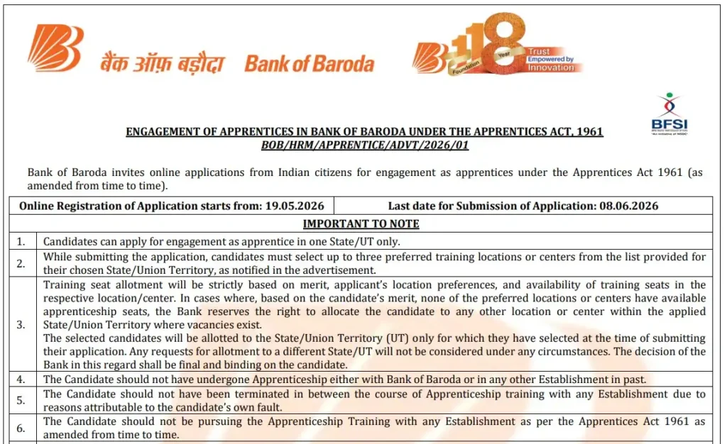 Bank of Baroda Apprentice Notification 2026